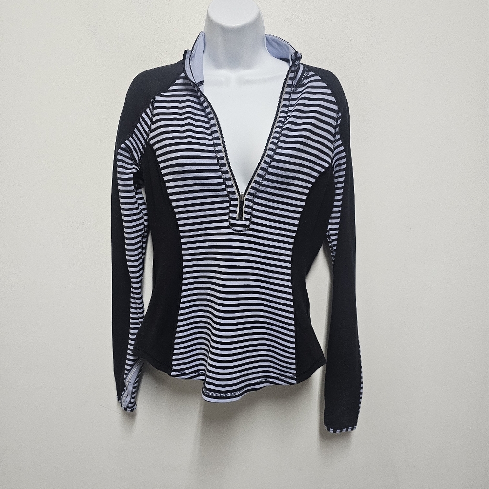 Lululemon Womens  Black & Blue Striped 1/2-Zip Thumb Sleeve Pullover
